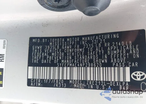 2022 Toyota Corolla Le z USA, uszkodzony, nr VIN 5YFEPMAE4NP298620